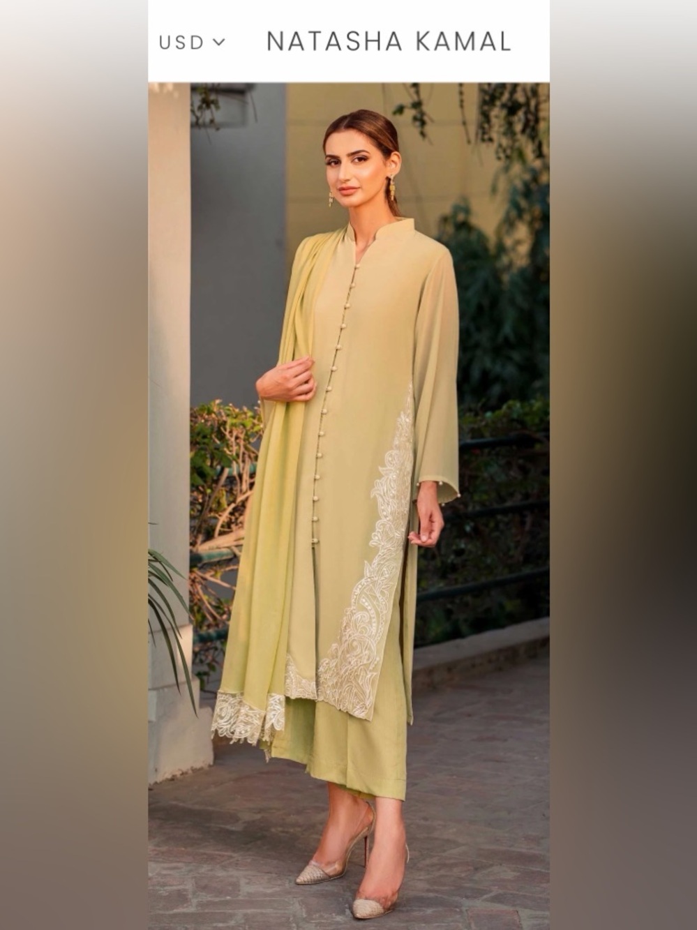 Natasha Couture Women's Cream-Green Embroidered Long Kurta Dress